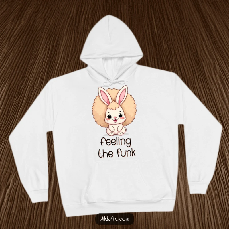 Funny Afro Bunny Hoodie featuring a cute bunny with a large, fluffy afro and a big smile, offering warmth and style.