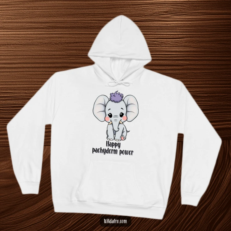 Funny happy elephant calf with a large afro on a cozy hoodie, radiating joy and pachyderm charm, a warm funny gift.