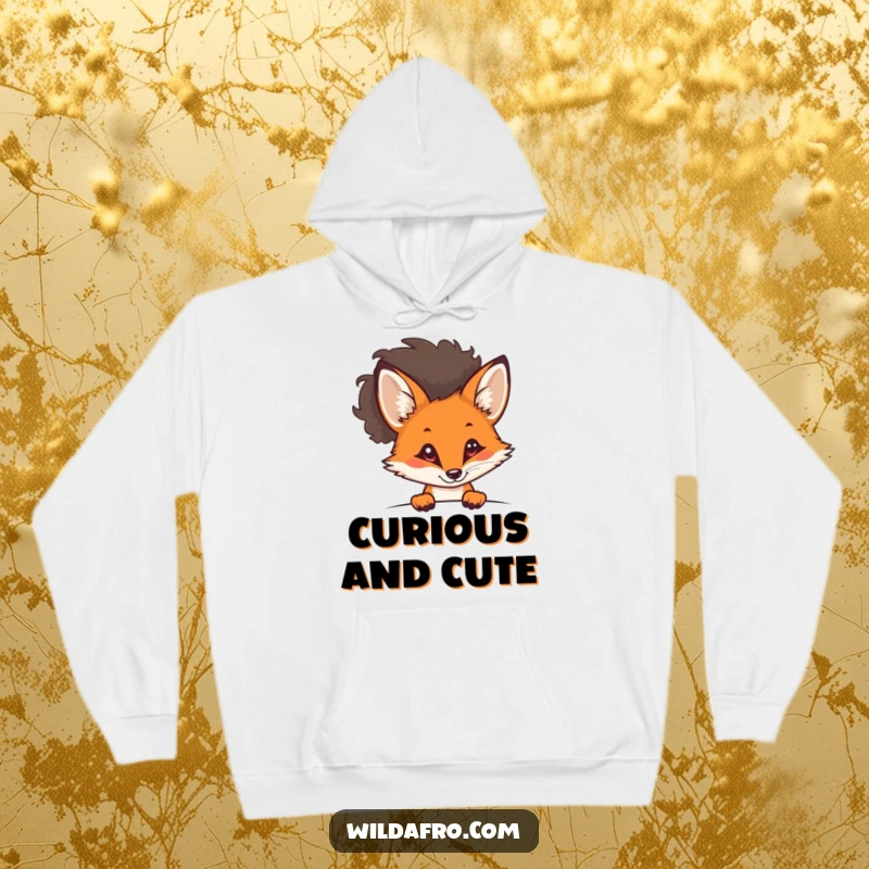 Funny fox with a stylish afro peeking out on a cozy hoodie, radiating curiosity and cool vibes, a chic funny gift.