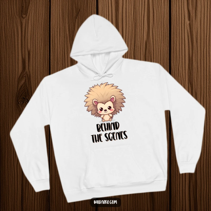 Funny Hedgehog Afro Hoodie: A shy hedgehog character peeks out from behind a spectacular, large afro.