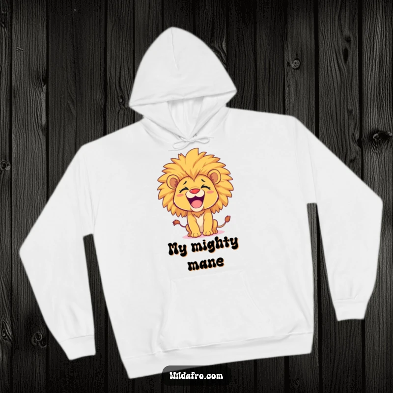 Funny lion cub hoodie, fluffy with a voluminous afro, playfully roaring with unmatched enthusiasm and cuteness. A cozy funny gift.
