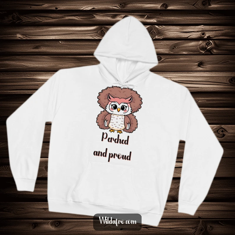 Funny Owl Afro Hoodie: A playful owl character rests comfortably on a towering, fluffy afro.