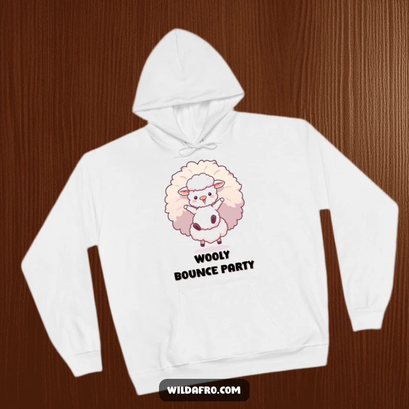 Funny hoodie depicting a fluffy sheep character bouncing on a giant afro puff, perfect for cozy, funky humor.
