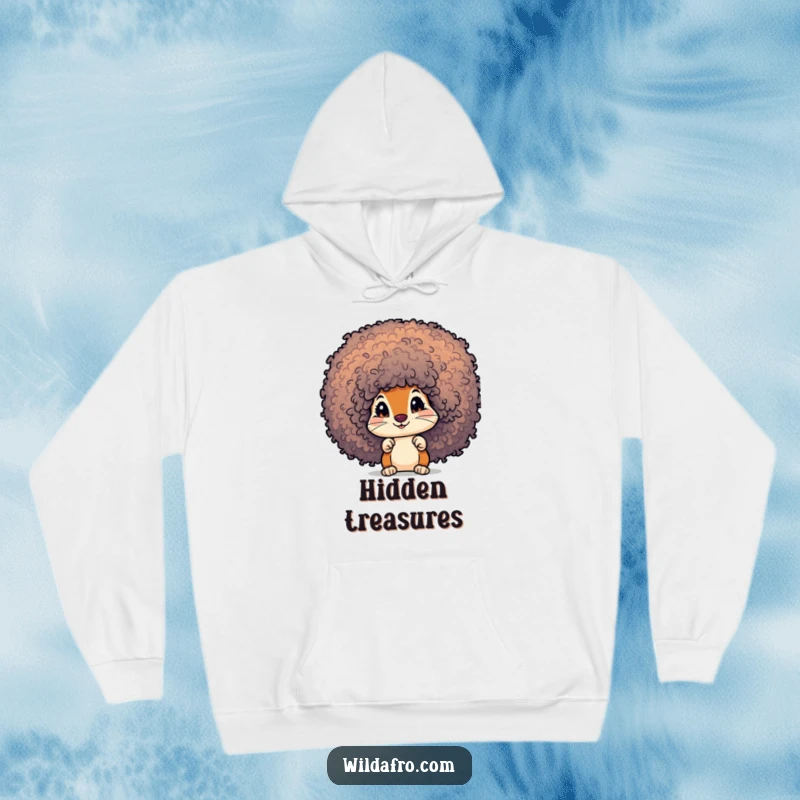 Funny Squirrel Afro Hoodie: A curious squirrel character peeks out from a vibrant, textured afro.