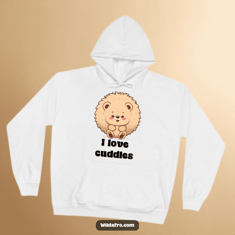 Funny bear afro hoodie showing a chubby bear cub gleefully hiding inside a large, fluffy afro.