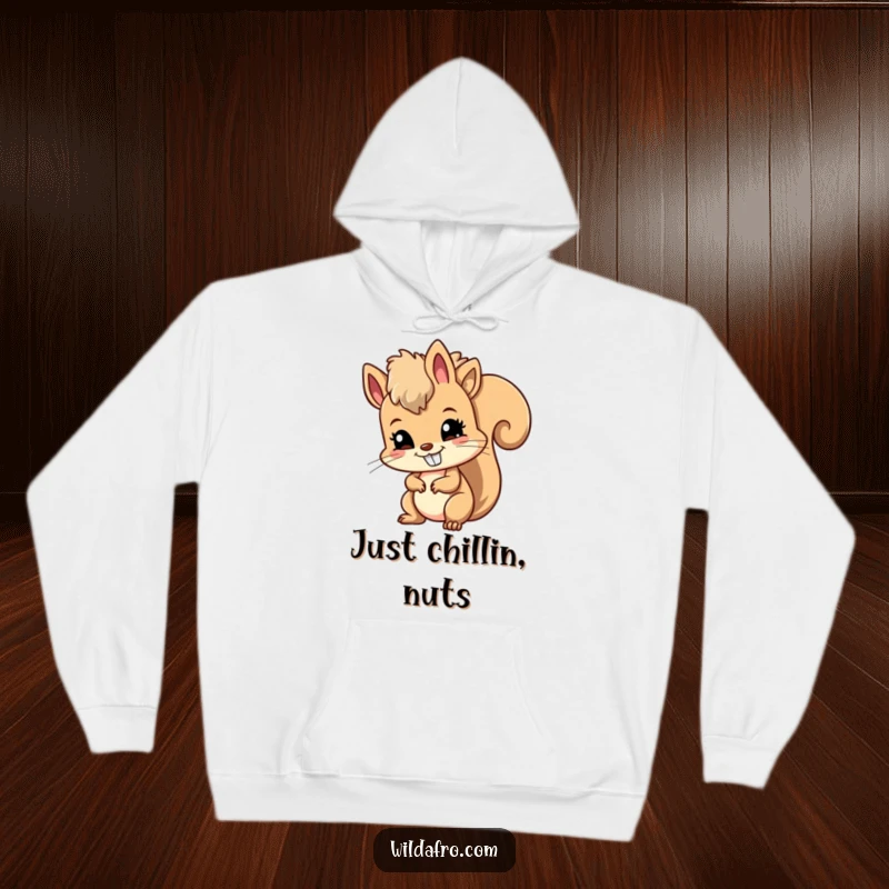 Funny hoodie showcasing a mischievous squirrel energetically wiggling its fluffy afro, sporting a wide, infectious grin, full of joy.