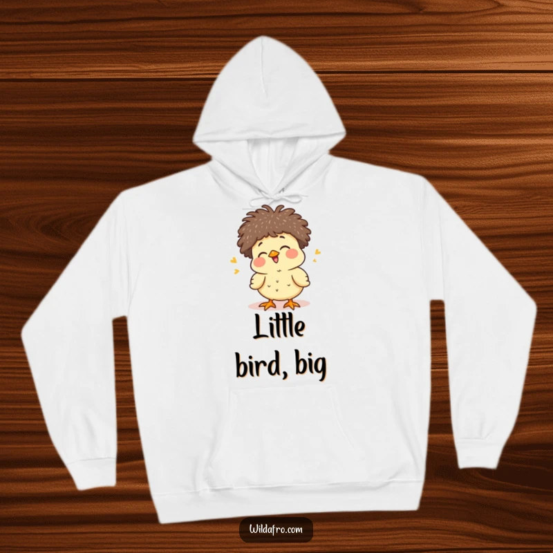 Funny chick with a tiny afro chirping happily on a cozy hoodie, radiating adorable joy and warmth, a sweet funny gift.