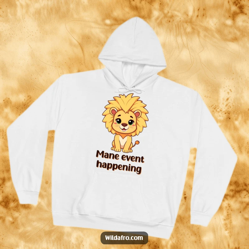Funny hoodie depicting a cheerful lion character with a magnificent, playful afro mane, perfect for cozy regal humor.