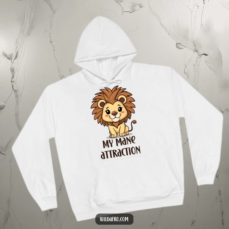 Funny lion hoodie showing a proud lion character with a magnificent afro shaking its mane, offering warmth and stylish vibes.