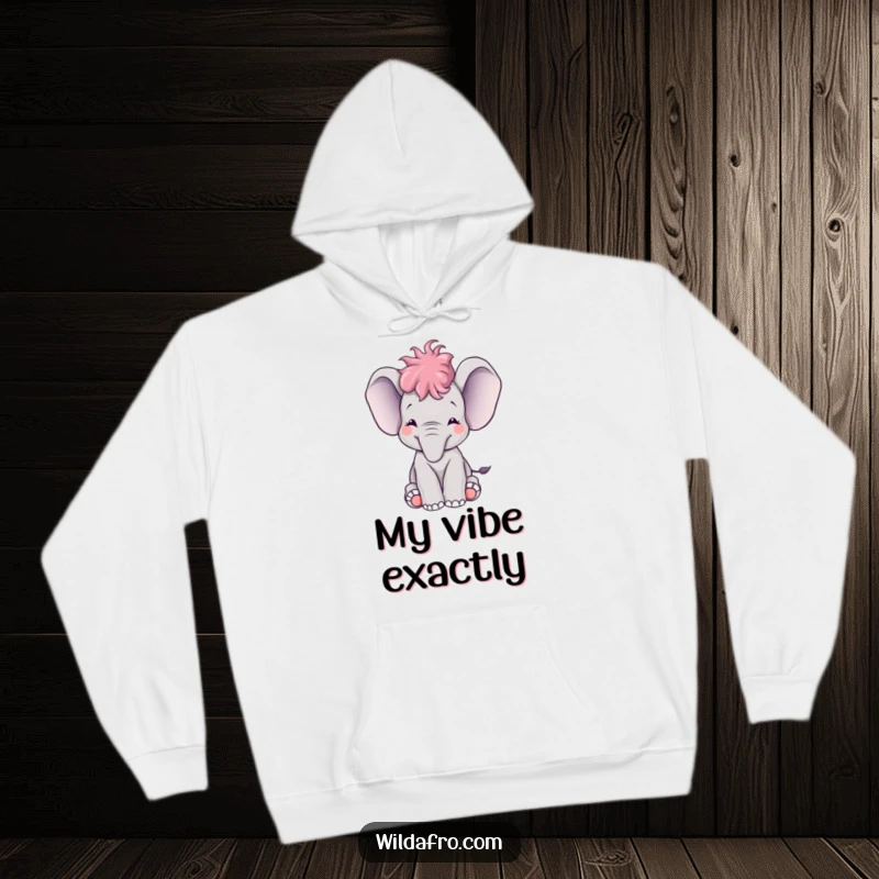 Funny elephant calf with a small afro joyfully trumpeting, showcased on a cozy and humorous hoodie.