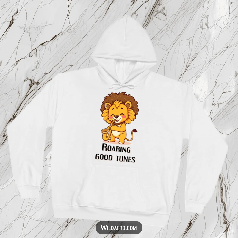 Funny Lion Saxophone Afro Hoodie depicting a happy lion playing a saxophone, complete with a fabulous afro, ideal for chilly days.