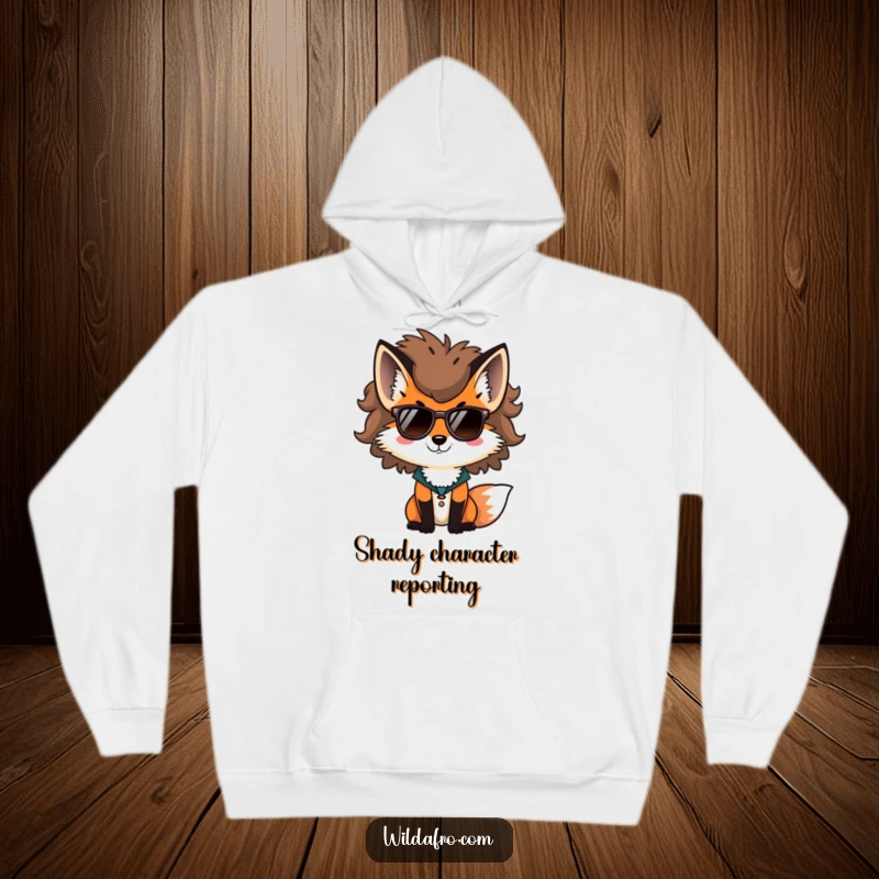 Funny fox hoodie, a stylish fox with a large afro and sunglasses, perfect for a cool and casual look.
