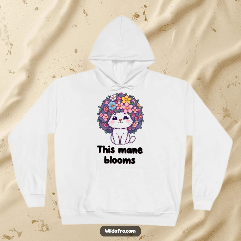 Funny Hoodie featuring a fluffy cat character whose giant curly afro is a garden of beautiful blooming flowers, offering warmth and humor.