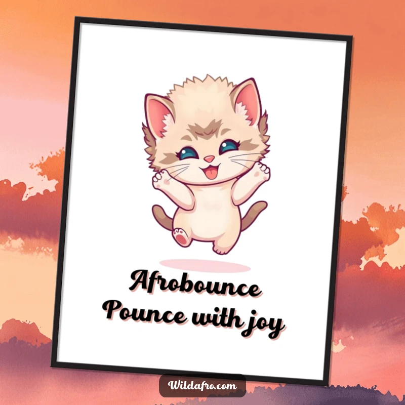 Funny Free Printable Wall Art: A playful kitten with a round afro bounces joyfully.