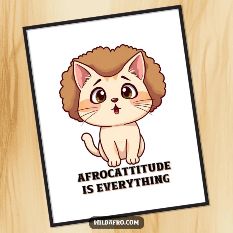 Funny Free Printable Wall Art: A shocked cat wearing a large afro wig looks astonished.