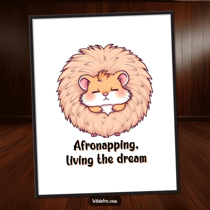 Funny free printable wall art of a hamster sleeping soundly within the soft, voluminous confines of a giant afro.