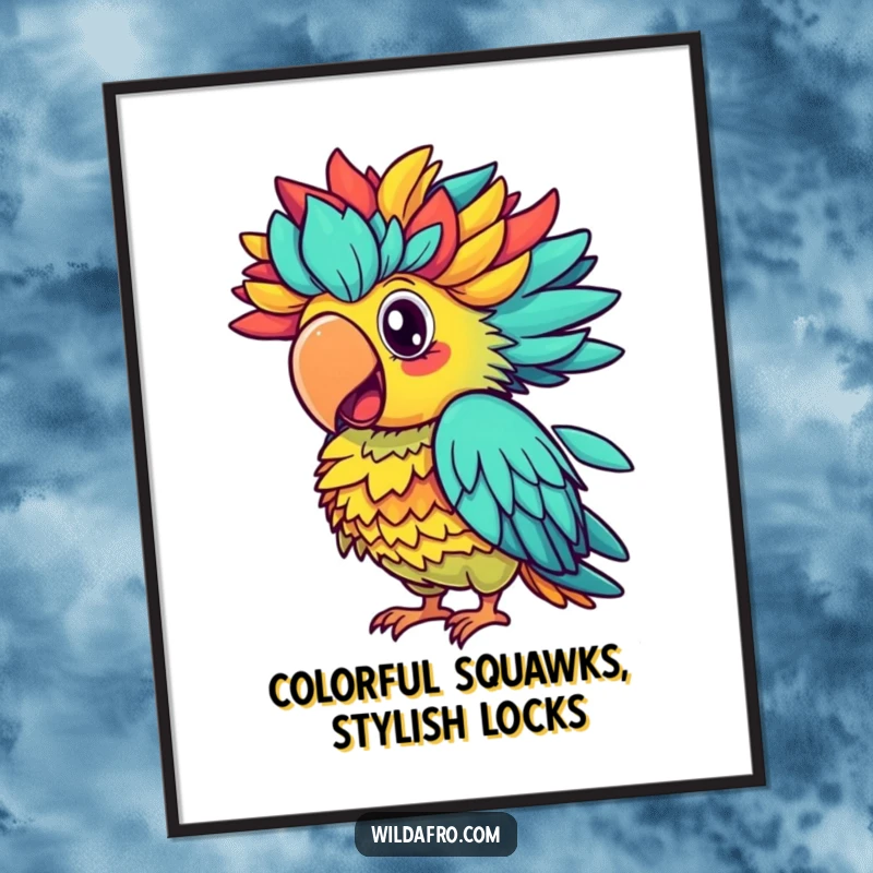 Funny Free Printable Wall Art: A proud parrot with a flamboyant afro, squawking with colorful energy.