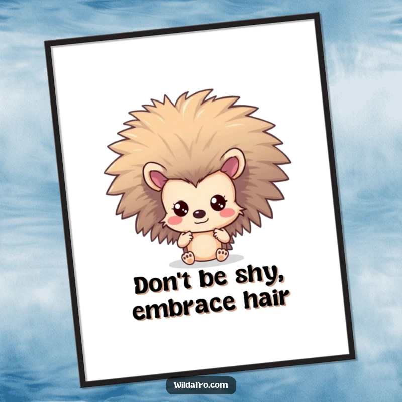 Funny Free Printable Wall Art of a shy hedgehog character peeking from behind a spectacular, voluminous afro.