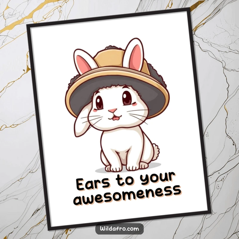 Funny Free Printable Wall Art: A curious rabbit character dons a vibrant afro hat, its ears playfully sticking out, creating a charming focal point.