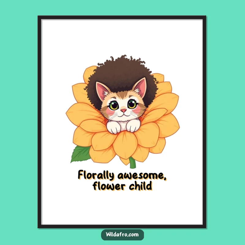 Funny Free Printable Wall Art: Curious Afro Cat in Flower, Downloadable Decor