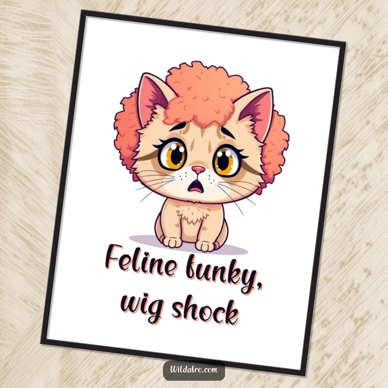 Funny Free Printable Wall Art: A surprised cat with a large, vibrant afro hairpiece looks wide-eyed and shocked, a downloadable decoration.