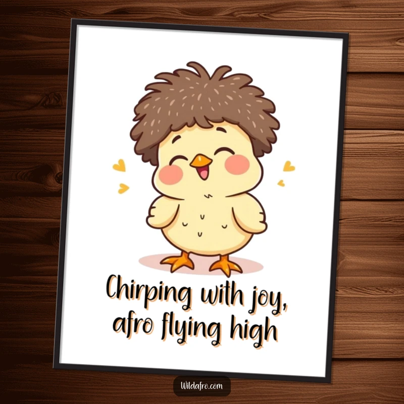 Funny Free Printable Chick Wall Art: Giggling chick with a tiny afro happily chirping, radiating sunshine and pure, innocent joy.