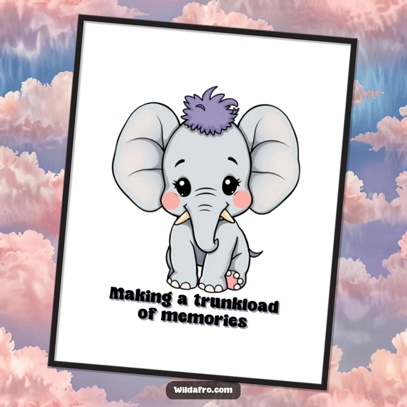 Funny Free Printable Elephant Wall Art: Happy elephant calf with a large afro joyfully trumpeting, exuding pure happiness and gentle strength.