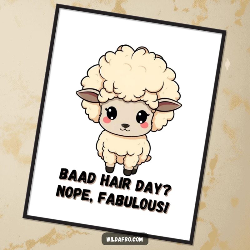 Funny Free Printable Wall Art: A cute sheep with a magnificent afro bobs its head, creating a fun and whimsical decorative piece.