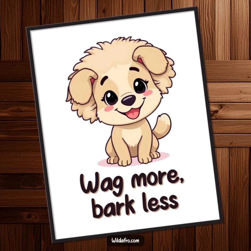 Funny Free Printable Wall Art: Cheerful dog with a large afro wagging its tail playfully.