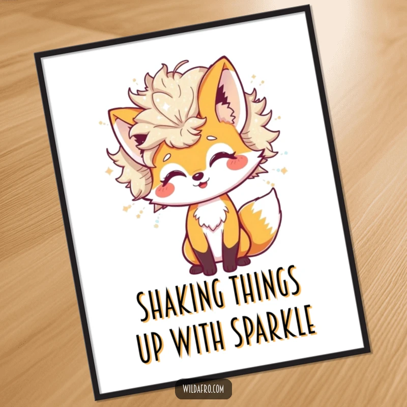 Funny Free Printable Wall Art: Cheerful fox character playfully shaking a magnificent afro that sheds bright, sparkling glitter.