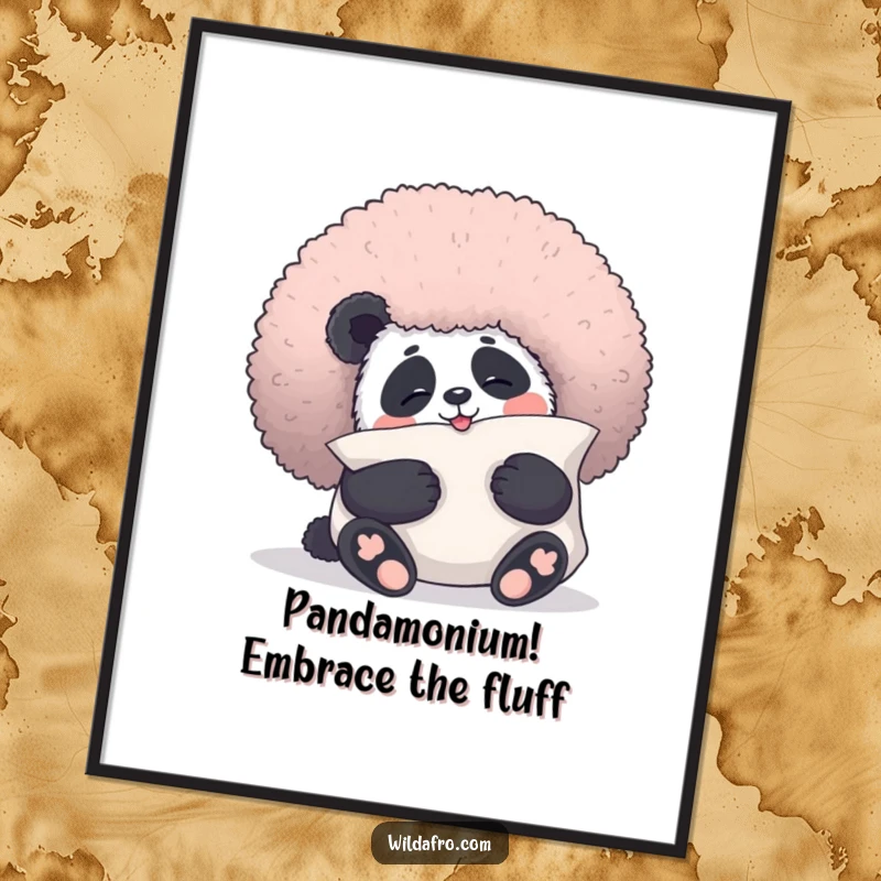 Funny Free Printable Wall Art: A giggling panda bear cuddling a giant, plush afro like a pillow.