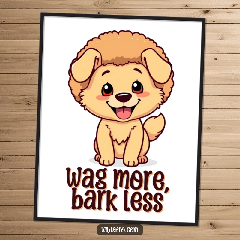 Funny Free Printable Wall Art featuring a happy dog with a magnificent shimmering afro, captured mid-tail wag.