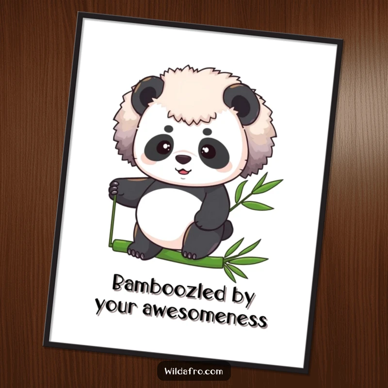 Funny Free Printable Wall Art: A determined afro panda with a fluffy mane balancing on a bamboo stalk, evoking calm.