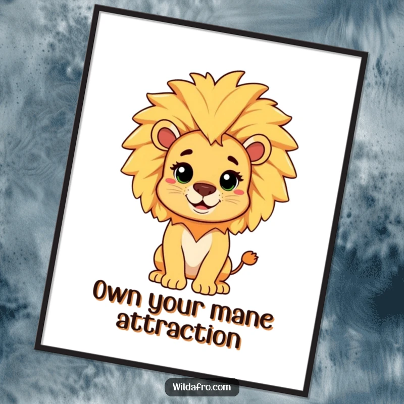 Funny Free Printable Wall Art: A cheerful lion character displaying a magnificent, playful afro mane, exuding fun and style.