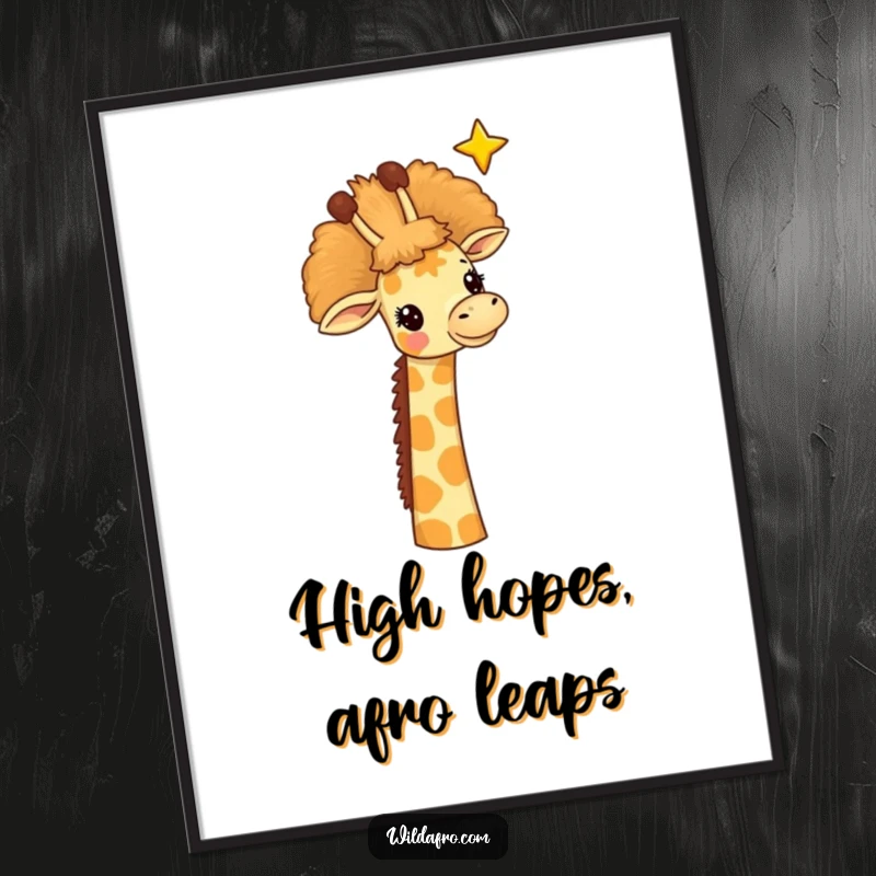 Funny Free Printable Wall Art: A cheerful giraffe with a tall afro stretching to touch a distant star.