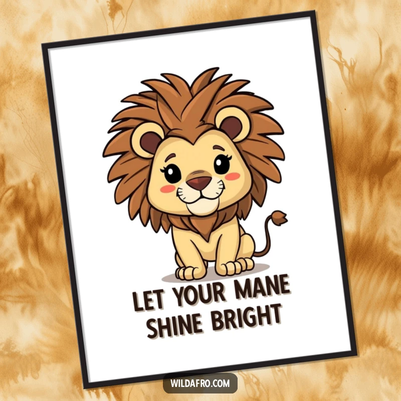 Funny Free Printable Wall Art of a proud lion character with a majestic afro shaking its impressive mane.