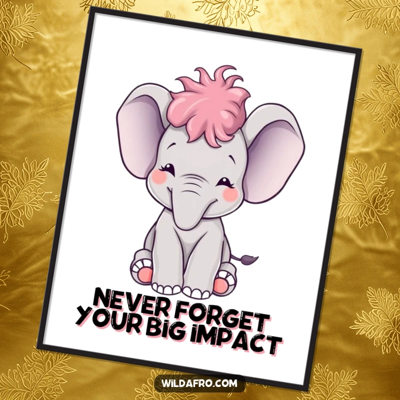 Funny Free Printable Wall Art: A happy elephant calf with a small afro trumpeting joyfully, spreading cheer.