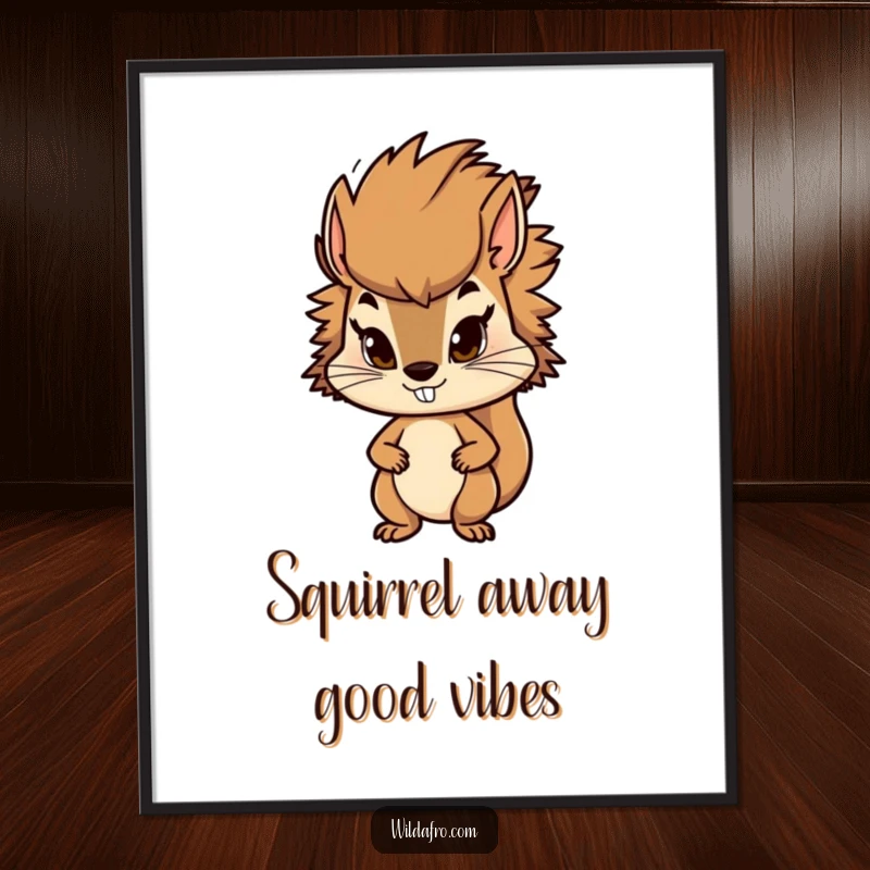Funny Free Printable Wall Art: A determined squirrel character with a large, stylish afro.