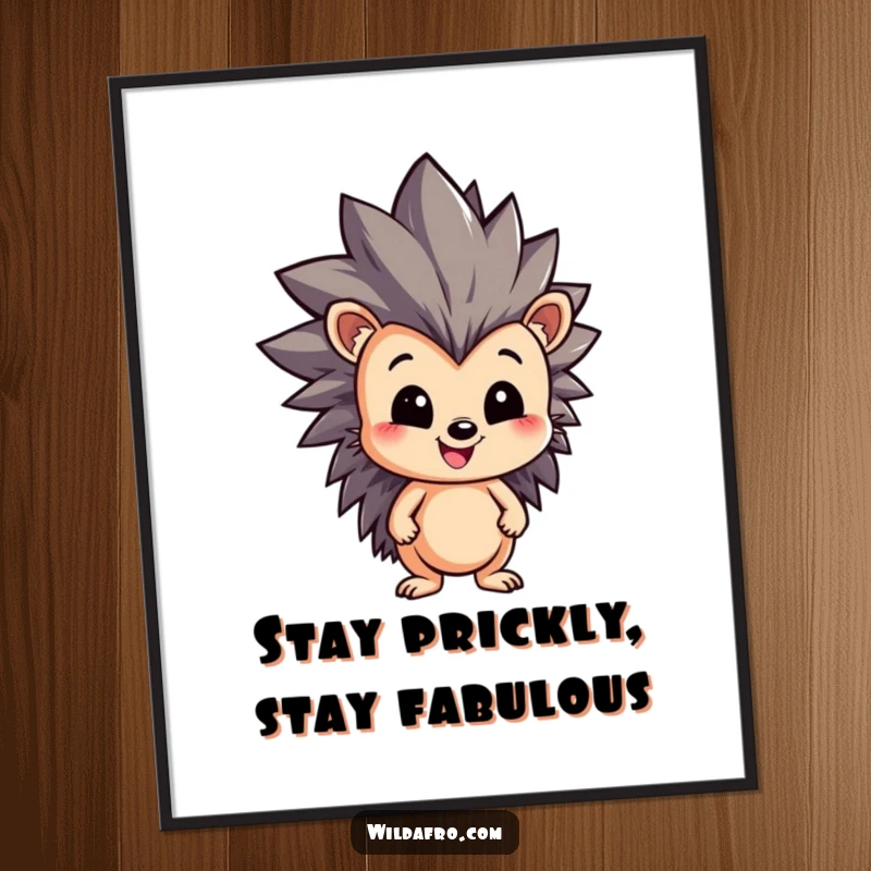 Funny Free Printable Wall Art depicting a cool hedgehog with an impressively large, spiky afro, radiating positive and quirky energy.
