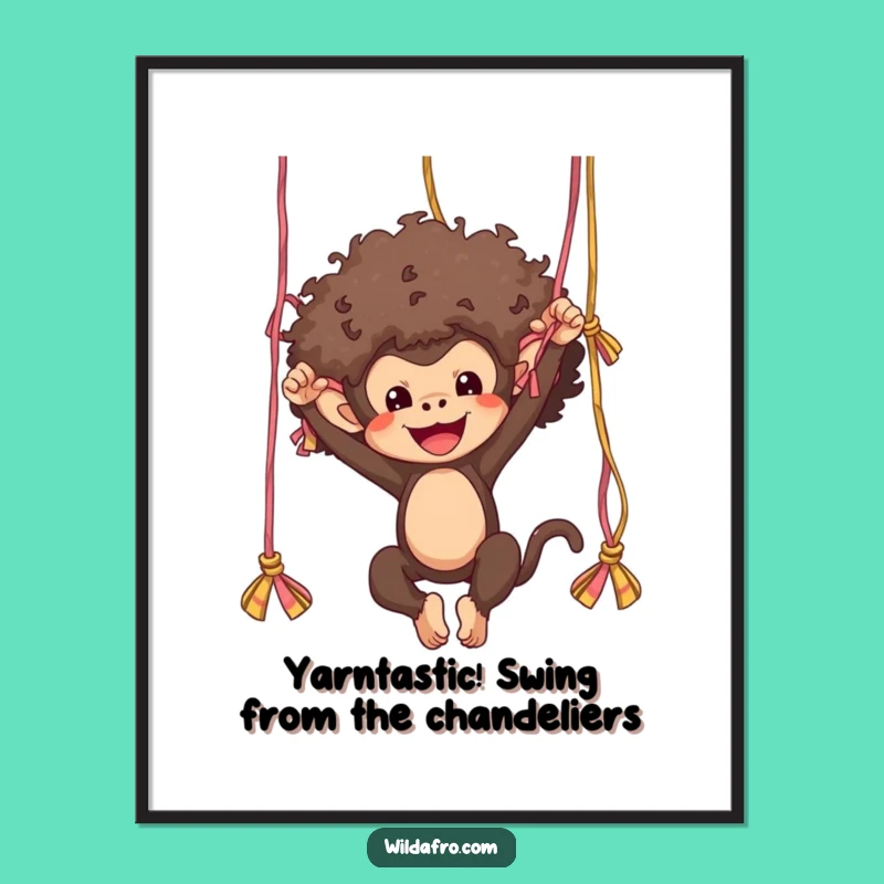 Funny Free Printable Wall Art: Playful Afro Monkey Swinging Yarn, Downloadable Decor