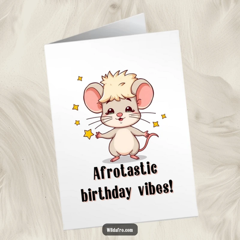 Funny Free Printable Birthday Card: Mischievous mouse with an afro juggles twinkling stars, spreading birthday cheer. A unique downloadable gift.
