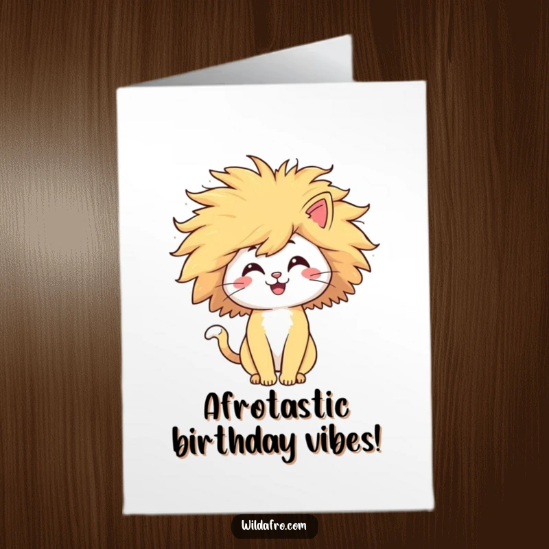Funny Free Printable Birthday Card: Happy cat with huge afro blowing in the wind, ready to party.