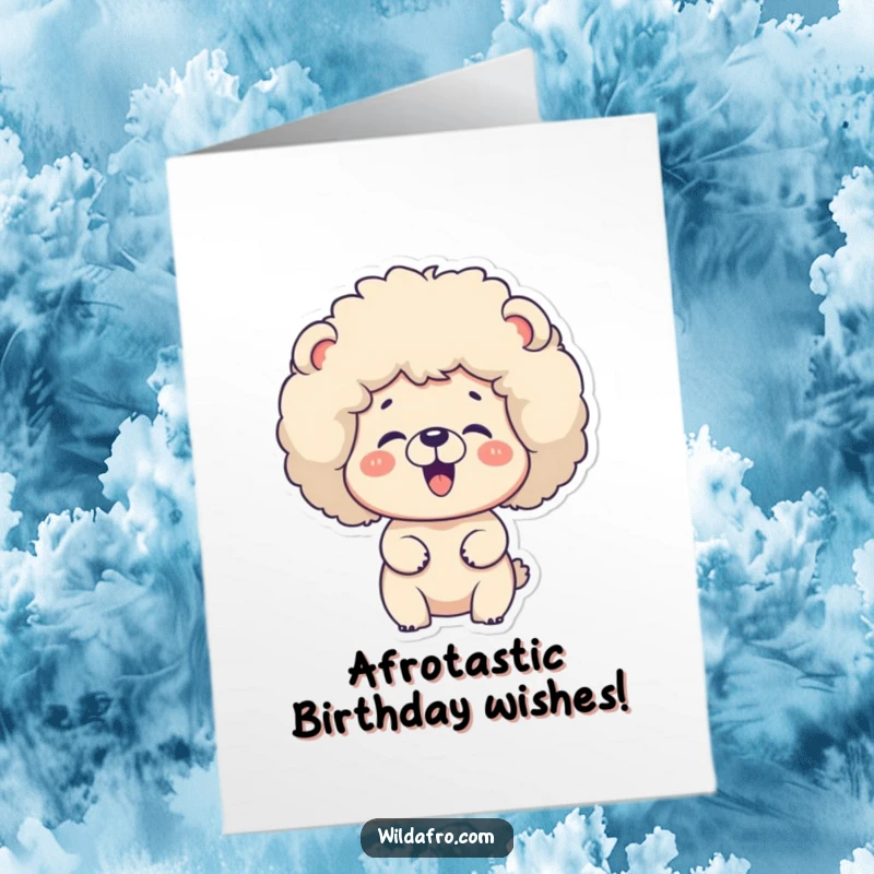 Funny Free Printable Birthday Card: A cheerful bear with a huge, fluffy afro giggles heartily, a downloadable gift.