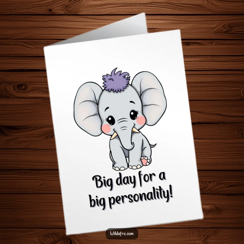 Funny Free Printable Elephant Birthday Card: Happy elephant calf with a large afro joyfully trumpeting, celebrating a birthday with gusto.