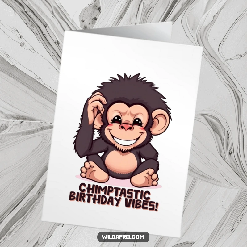 Funny Free Printable Birthday Card: A grinning chimpanzee playfully pats its voluminous, bushy afro, celebrating with infectious jungle joy.