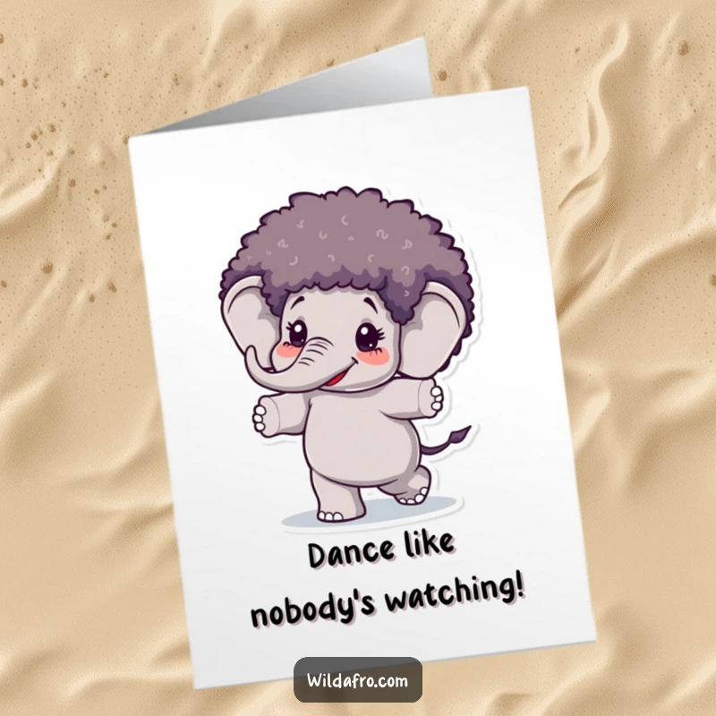 Funny Free Printable Birthday Card: A happy elephant with an afro wig is dancing joyfully.