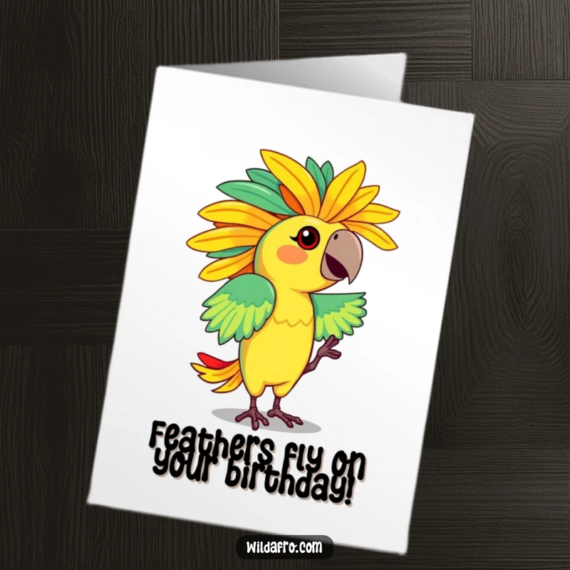 Funny Free Printable Birthday Card: Dancing parrot character flaunting a vibrant, feathered afro, ready to party.