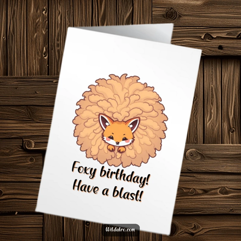 Funny Free Printable Birthday Card: A curious little fox peeks out playfully from a massive, curly afro.
