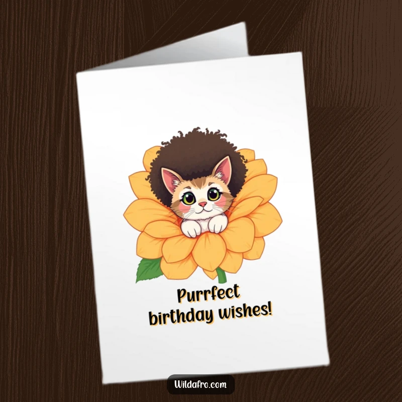 Funny Free Printable Birthday Card: A curious cat with a fluffy afro peeking mischievously from behind a giant, colorful flower.