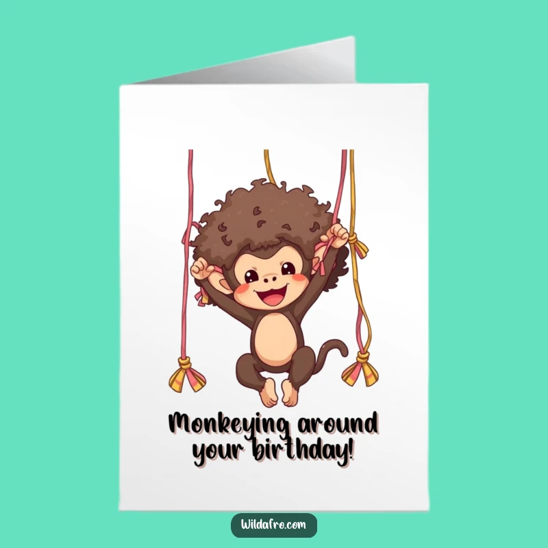 Free Printable Birthday Card: Funny Afro Monkey Swinging Yarn, Hilarious Downloadable Gift